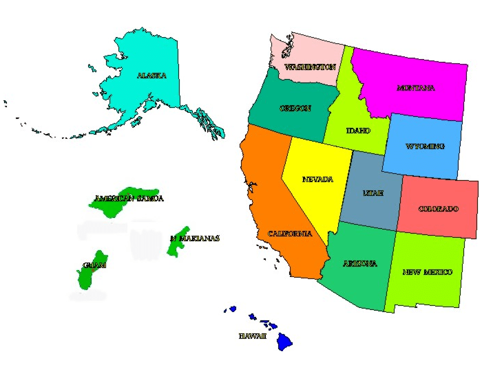 The west. West States. Western States USA. West Region USA. States of the West Region of the USA.